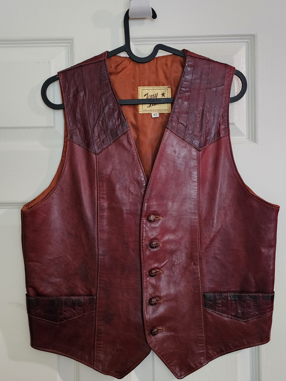 Classic Men's Tony lama western Leather and ell skin Vest burgundy Size 40
